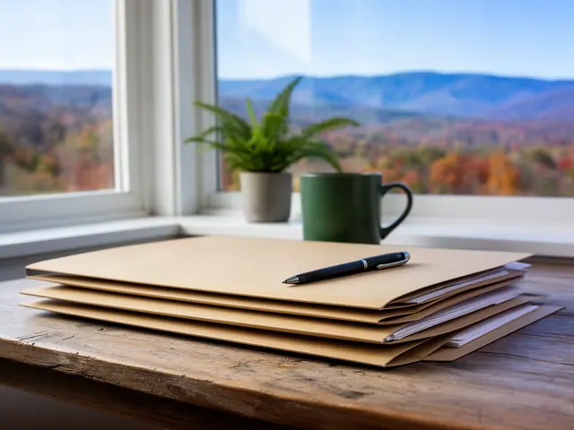 A neat stack of closed manila folders and a pen on a desk by a window.